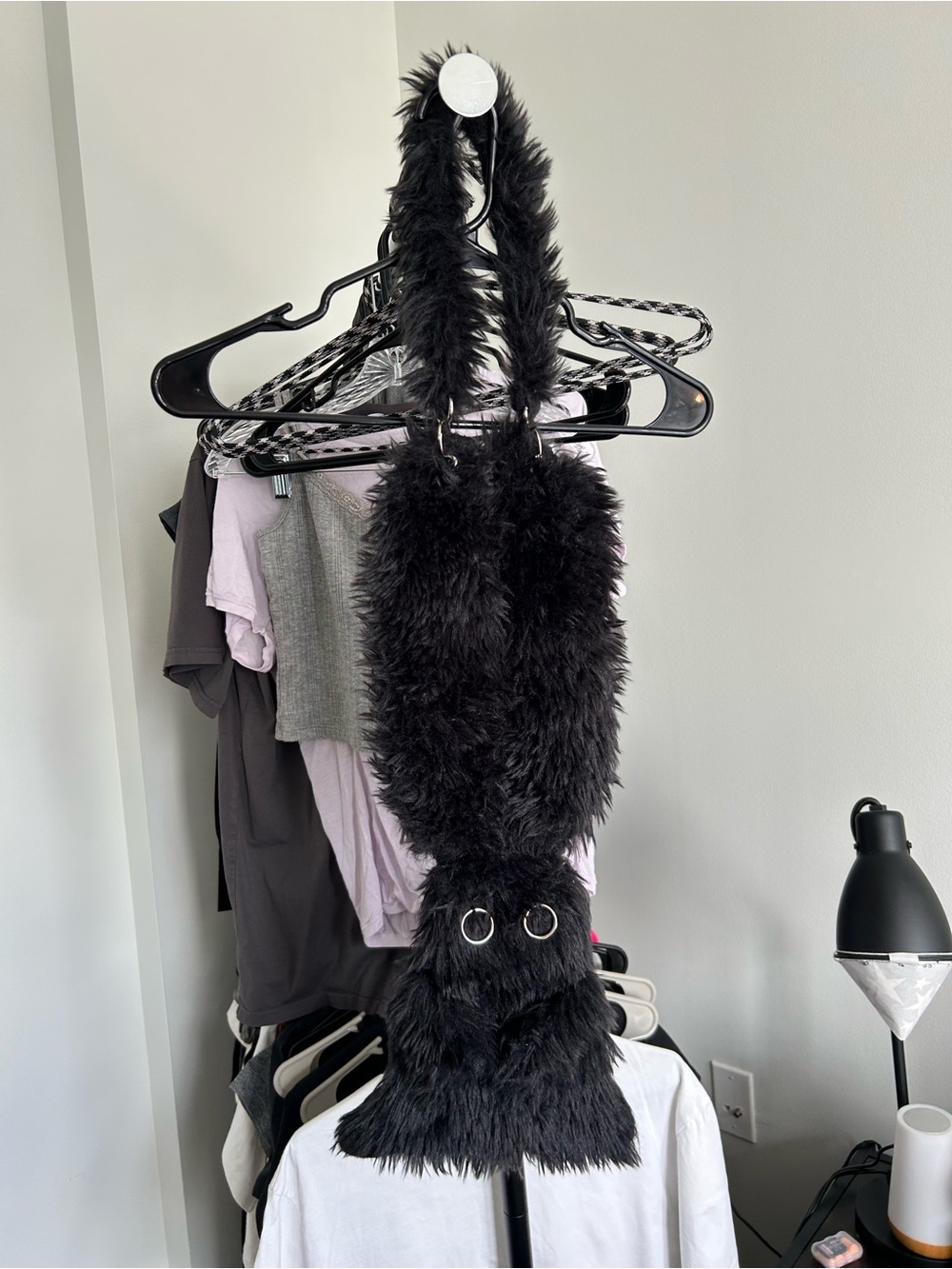Black Faux Fur Rabbit Shape Crossbody Bag with Ring Detail
